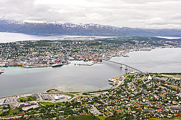 Panoramic view over the city from the Storsteinen Mountain.Tromso.County of Troms,Norway,Northern Europe