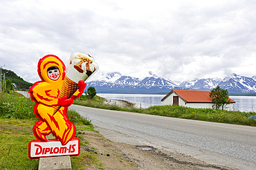 Advertising hoarding, Lyngen fjord,County of Troms,Norway,Northern Europe