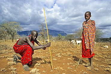 Young Maasai herd keepers, Namanga region,Kenya, East Africa