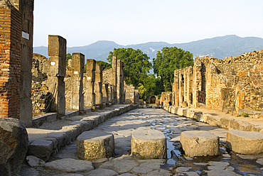 Stepping stones above perpetually flowing water needed to cross street and keep the way clear for carts, archaeological site of Pompeii, UNESCO World Heritage Site, province of Naples, Campania, Italy, Europe