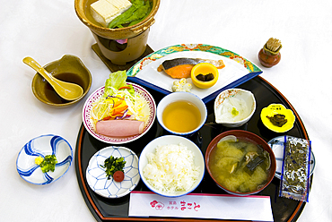 Meal served in the Makoto ryokan, Miyajima island, off Hiroshima, Japan