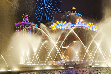 Water jets show with casinos background,Macau,Special Administrative Region,China,Asia