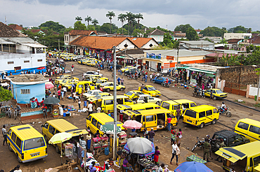 Taxi rank beside the big hall market of the city of Sao Tome,Sao Tome Island, Republic of Sao Tome and Principe,Africa