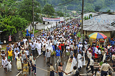 Religious procession during the parish fair dedicated to Sao Izidoro in the village of Ribeira Afonso on the East coast of Sao Tome Island, Republic of Sao Tome and Principe,Africa
