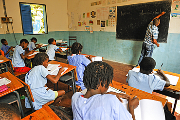 Class of the primary school in the village of Praia das Conchas, in the northern part of Sao Tome Island, Republic of Sao Tome and Principe,Africa