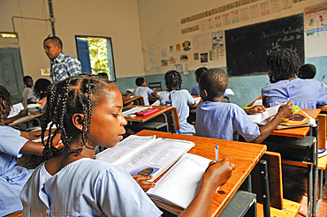 Irene, pupil in class of the primary school in the village of Praia das Conchas, in the northern part of Sao Tome Island, Republic of Sao Tome and Principe,Africa