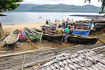 Fish drying and fishermen at Porto Alegre village in the south of Sao Tome Island, Republic of Sao Tome and Principe,Africa