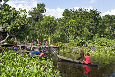 Warao village on stilts, Tigre river tributary of Orinoco river, Monegas State, Bolivarian Republic of Venezuela, South America