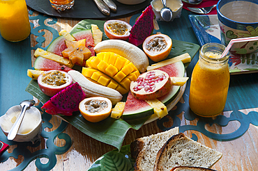 Breakfast served at 'Habitation Getz' guesthouse, Vieux-Habitants, Basse-Terre, Guadeloupe, overseas region of France,Leewards Islands, Lesser Antilles, Caribbean