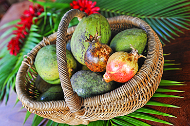 Basket of mango and guava, Guadeloupe, overseas region of France,Leewards Islands, Lesser Antilles, Caribbean