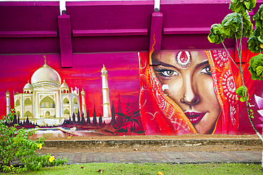 Mural painting by Jimmy Sheikboudhou on the stadium wall, Baie-Mahault, Basse-Terre, Guadeloupe, overseas region of France,Leewards Islands, Lesser Antilles, Caribbean
