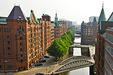 Aerial view over St. Annenfleet et Hollandischbrookfleet canal in the Speicherstadt (City of Warehouses), HafenCity district, Hamburg, Germany, Europe