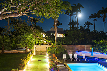 Moonlight viewed from a room of 'Habitation du Comte', hotel located in an house of Masters built on a former sugar refinery site, Sainte-Rose, Basse-Terre, Guadeloupe, overseas region of France,Leewards Islands, Lesser Antilles, Caribbean