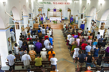 Sunday mass in the church at the village of Deshaies, Basse-terre, Guadeloupe, overseas region of France,Leewards Islands, Lesser Antilles, Caribbean