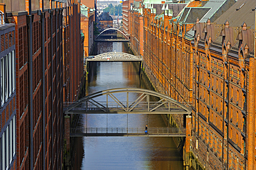 Aerial view of the Brookfleet canal in the Speicherstadt (City of Warehouses), HafenCity district, Hamburg, Germany, Europe