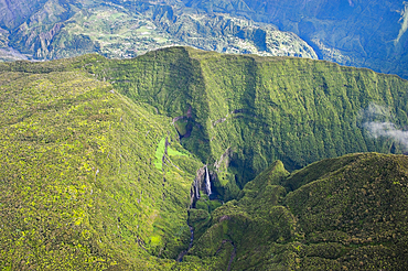 Aerial view of falls in the canyon Trou de Fer, Reunion island, overseas departement of France, Indian Ocean
