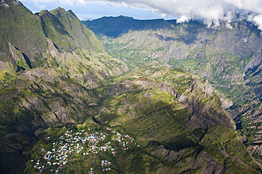 Aerial view over Cilaos Cirque.,Reunion island,overseas departement of France,Indian Ocean