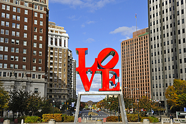 Love sculpture by American Pop Art artist Robert Indiana in JFK Plaza, Philadelphia, Commonwealth of Pennsylvania, United States of America, North America