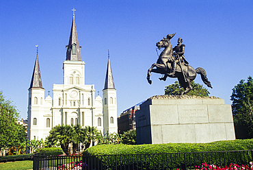 Jackson statue and Saint Louis Cathedral, Jackson Square, French Quarter neighborhood, New Orleans, Louisiana, United States of America, Americas