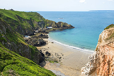 Grande Greve Bay viewed from La Coupée, the narrow isthmus which links Greater and Little Sark, Sark island, Channel Islands, Bailiwick of Guernsey, United Kingdom