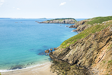 Grande Greve Bay viewed from La Coupée, the narrow isthmus which links Greater and Little Sark, Sark island, Channel Islands, Bailiwick of Guernsey, United Kingdom
