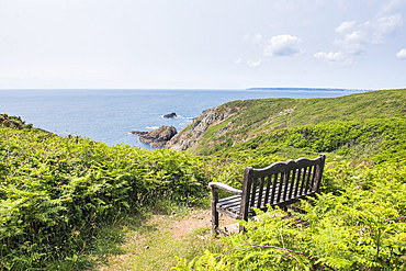 Bench in the heath with a view of the southwest coast of Little Sark, Sark island, Channel Islands, Bailiwick of Guernsey, United Kingdom