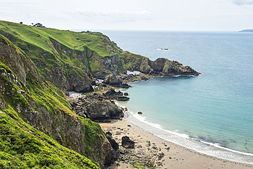 Grande Greve Bay viewed from La Coupée, the narrow isthmus which links Greater and Little Sark, Sark island, Channel Islands, Bailiwick of Guernsey, United Kingdom