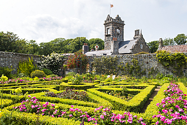The walled garden with the house in the background, La Seignerie (17th Century), traditional residence of the Seigneur of Sark, Open to the public for the visit of the gardens, Sark island, Channel Islands, Bailiwick of Guernsey, United Kingdom