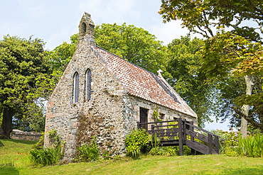 The Chapel at La Seignerie (17th Century), traditional residence of the Seigneur of Sark, Open to the public for the visit of the gardens, Sark island, Channel Islands, Bailiwick of Guernsey, United Kingdom