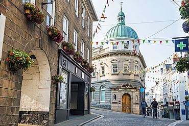 Remarkable building, with a copper dome, at the intersection of High Street and Smith Street, St Peter Port, Guernsey Island, Bailiwick of Guernsey, United Kingdom