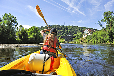 Canoeing on the Sioule River near Menat, Puy-de-Dome department, Auvergne-Rhone-Alpes region, France, Europe