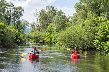 canoeing on a section of Vieux Rhone River near Motz in Chautagne region,Savoie, Rhone-Alpes region, France, Europe