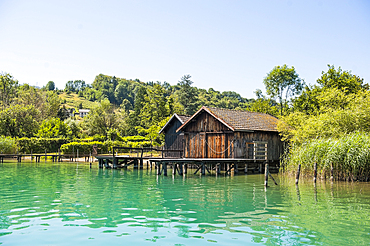 Boat sheds, made of wood, by the natural Lake of Aiguebelette, department of Savoie, Rhone-Alpes region, France, Europe