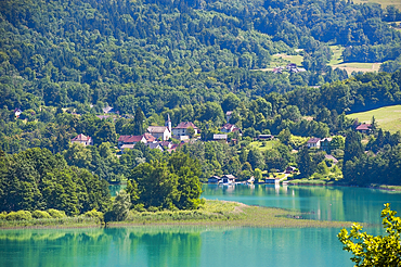 Natural Lake of Aiguebelette, department of Savoie, Rhone-Alpes region, France, Europe