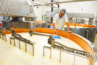Copper vats for mixing and heating of curd, Emmental de Savoie cheese making, Chabert cheese factory at Vallieres, Haute-Savoie department, Rhone-Alpes region, France, Europe