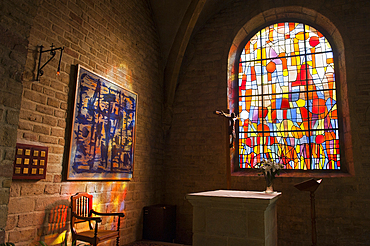 Stained-glass window in St-Benigne Church of Pontarlier designed by the French painter Alfred Manessier (1911-1993),Doubs departement,Franche-Comte region,France Europe