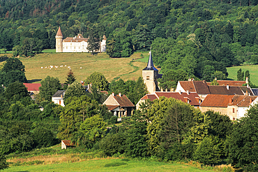 Village of Bazoches with the Château de Bazoches in the background, Morvan area, Nievre department,region Bourgogne,France,Europe//Nievre department, region of Burgundy, center of France,Europe
