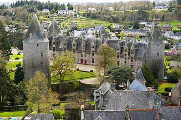 Josselin Castle seen from the tower of the Notre-Dame du Roncier Basilica,Morbihan department,Region of Brittany,France,Europe