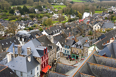 Overview on the slate roof from the tower of the Basilique Notre-Dame du Roncier,Josselin,Morbihan department,Region of Brittany,France,Europe