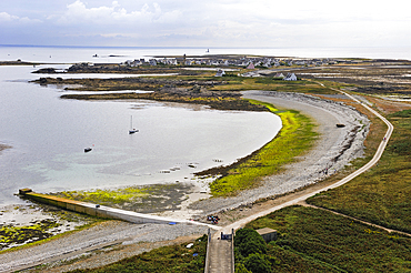 Overview of the Ile de Sein from the top of the lighthouse,off the coast of Pointe du Raz,Finistere department,Brittany region,west of France,western Europe