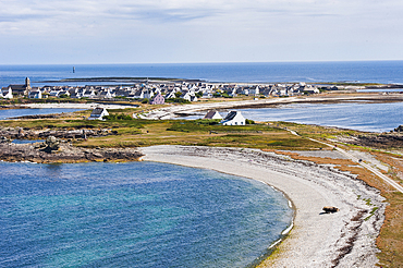 0verview of the Ile de Sein from the top of the lighthouse,off the coast of Pointe du Raz,Finistere department,Brittany region,west of France,western Europe