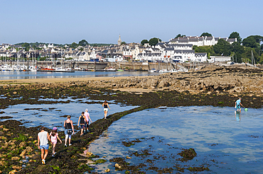 Fording to Tristan Island off Douarnenez,Treboul in background,Finistere department,Brittany region,west of France,western Europe