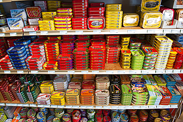 Assortment of cans of sardines from different brands, Penn Sardine, specialized store for selling of vintage cans of sardines,Port of Rosmeur,Douarnenez,Finistere department,Brittany region,west of France,western Europe