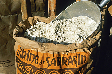 Sack of buckweat flour from the Charbonniere Mill, Saint Gregoire, Ille-et-Vilaine department,Brittany region,France,northwest Europe