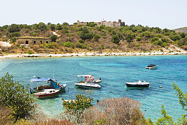 Ali Pasha Tepelena Fortress overlooking the small port at Porto Palermo, Ionian Coast, Albania, Europe