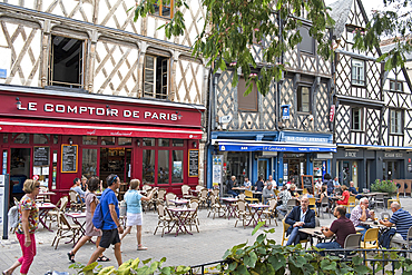 Sidewalk cafe in Jean Girard Street, Gordaine Square, Bourges, Cher department, Province of Berry, Centre-Val de Loire region, France