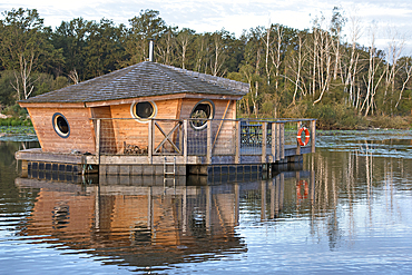 Floating cabin of Clos de la Loutre (Otter's cottage), Etang de Bornacq, Loye-sur-Arnon, Cher department, Historic Province of Berry, Centre-Valde Loire region,