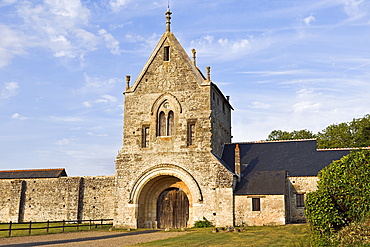 Monumental portal of the monastry farm of Meslay housing the Grange de Meslay, Parcais-Meslay, Indre-et-Loire department, Centre-Val de Loire region, ancient fortified farm of the XIIIth century, France, Europe