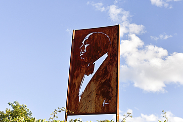 Metal effigy in memory of pianist Sviatoslav Richter who created in 1964 a music festival at the Grange de Meslay, Parcais-Meslay, Indre-et-Loire department, Centre-Val de Loire region, ancient fortified farm of the XIIIth century, France, Europe