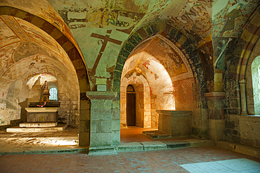 Frescoes of the church's crypt,village of Gargilesse-Dampierre,Indre department,province of Berry,region of Centre,France,Europe